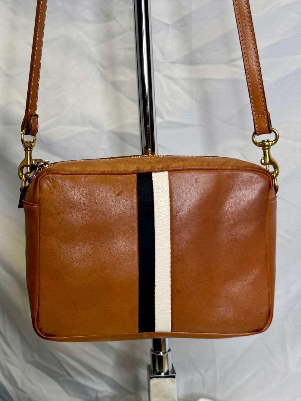 CLARE V Midi Marisol Rustic Tan Leather Napa White & Black Striped Crossbody Bag